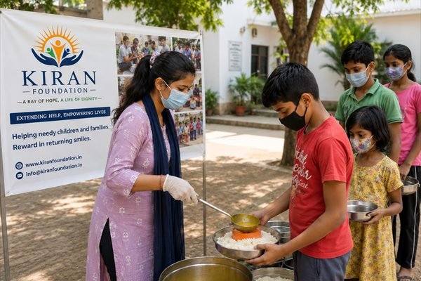 A volunteer serving meals to children