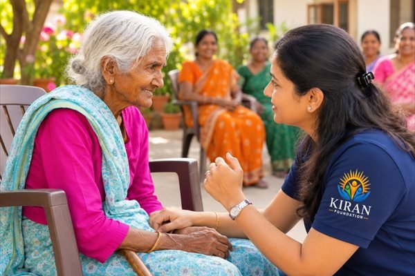 A volunteer sitting with an elderly woman